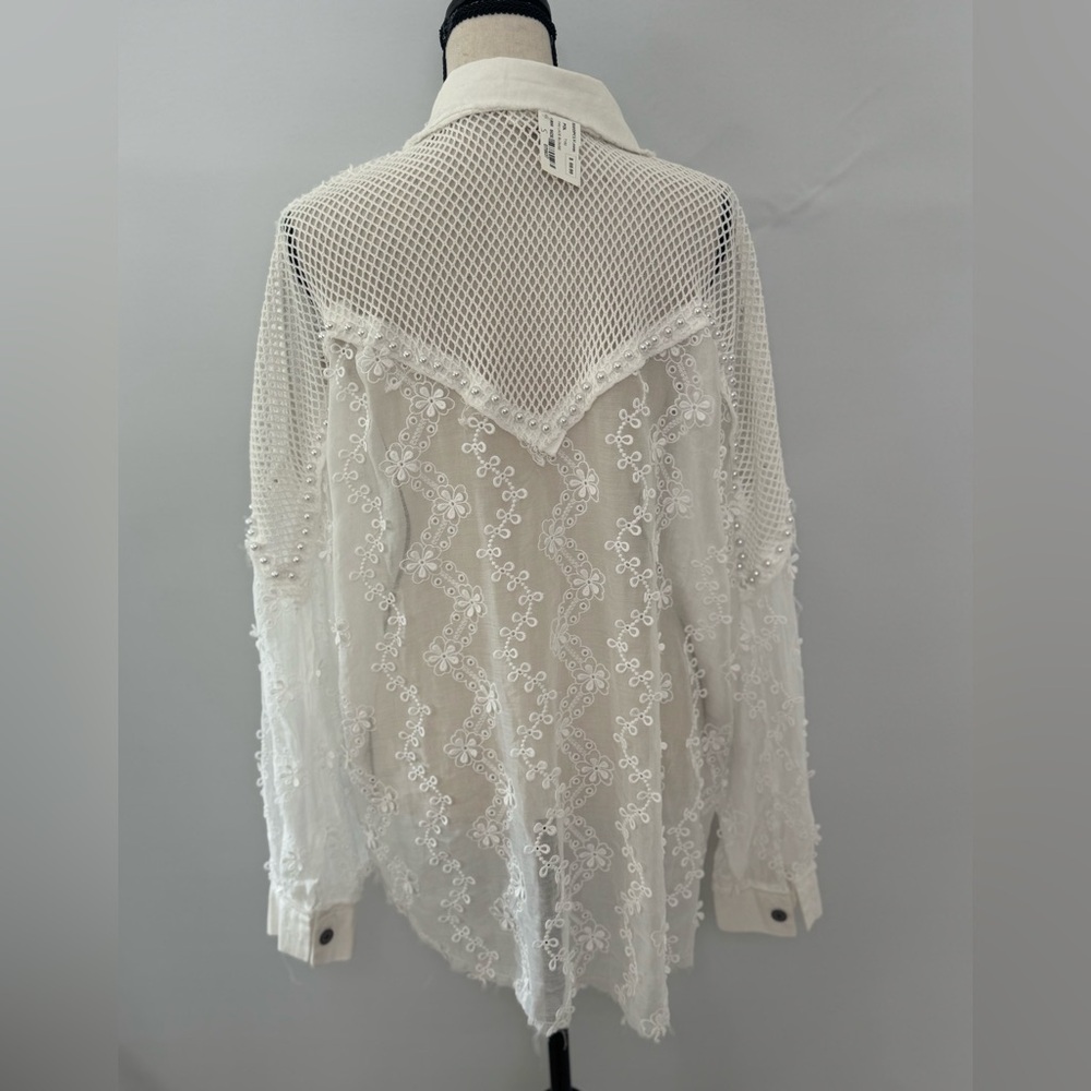 POL Women’s‎ Size Small Balloon Sleeve Fabric Patch Textured Shirt Top Pearls - Picture 5 of 11